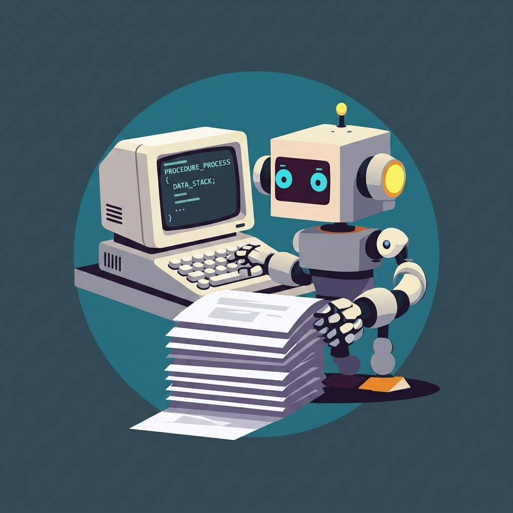 Illustration d'un robot aidant un ordinateur vintage à traiter une pile de documents
